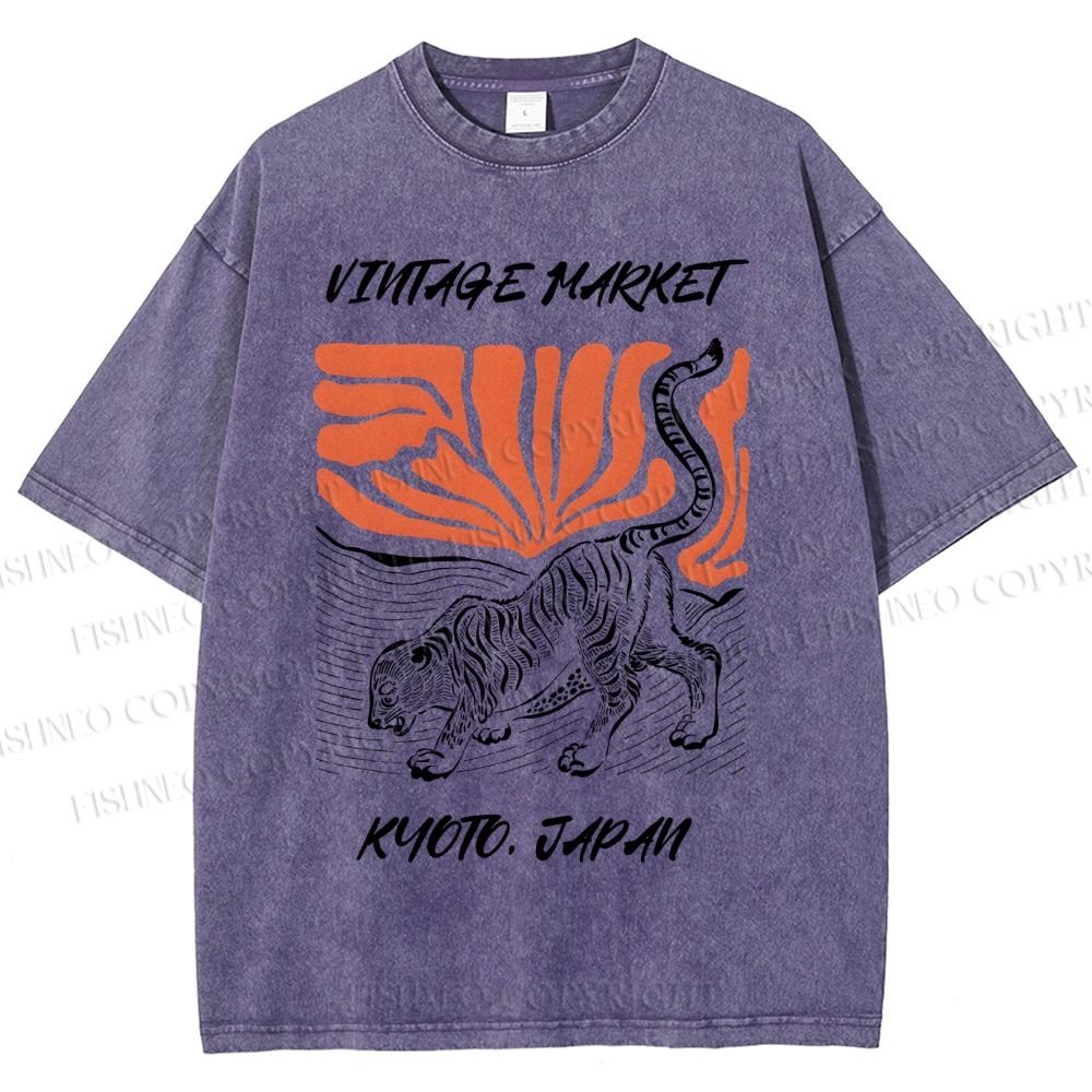 Unisex Japanese Tiger Printed Washed Tee