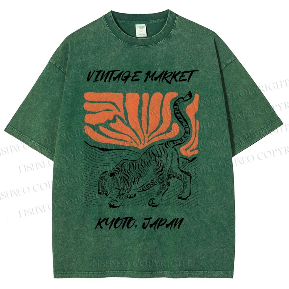 Unisex Japanese Tiger Printed Washed Tee
