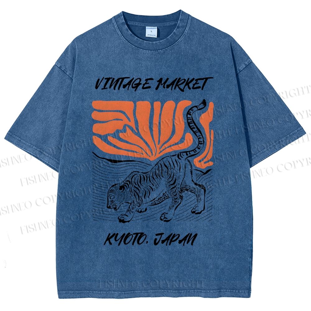 Unisex Japanese Tiger Printed Washed Tee