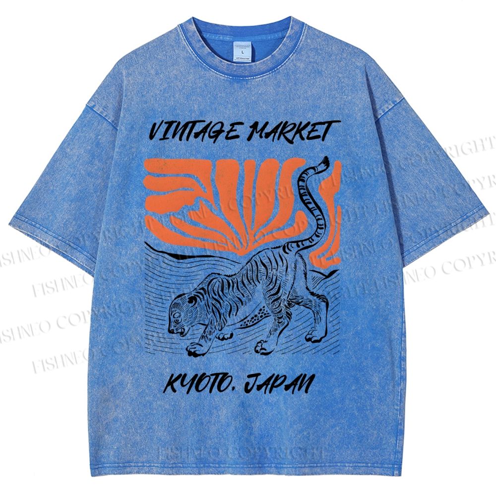 Unisex Japanese Tiger Printed Washed Tee