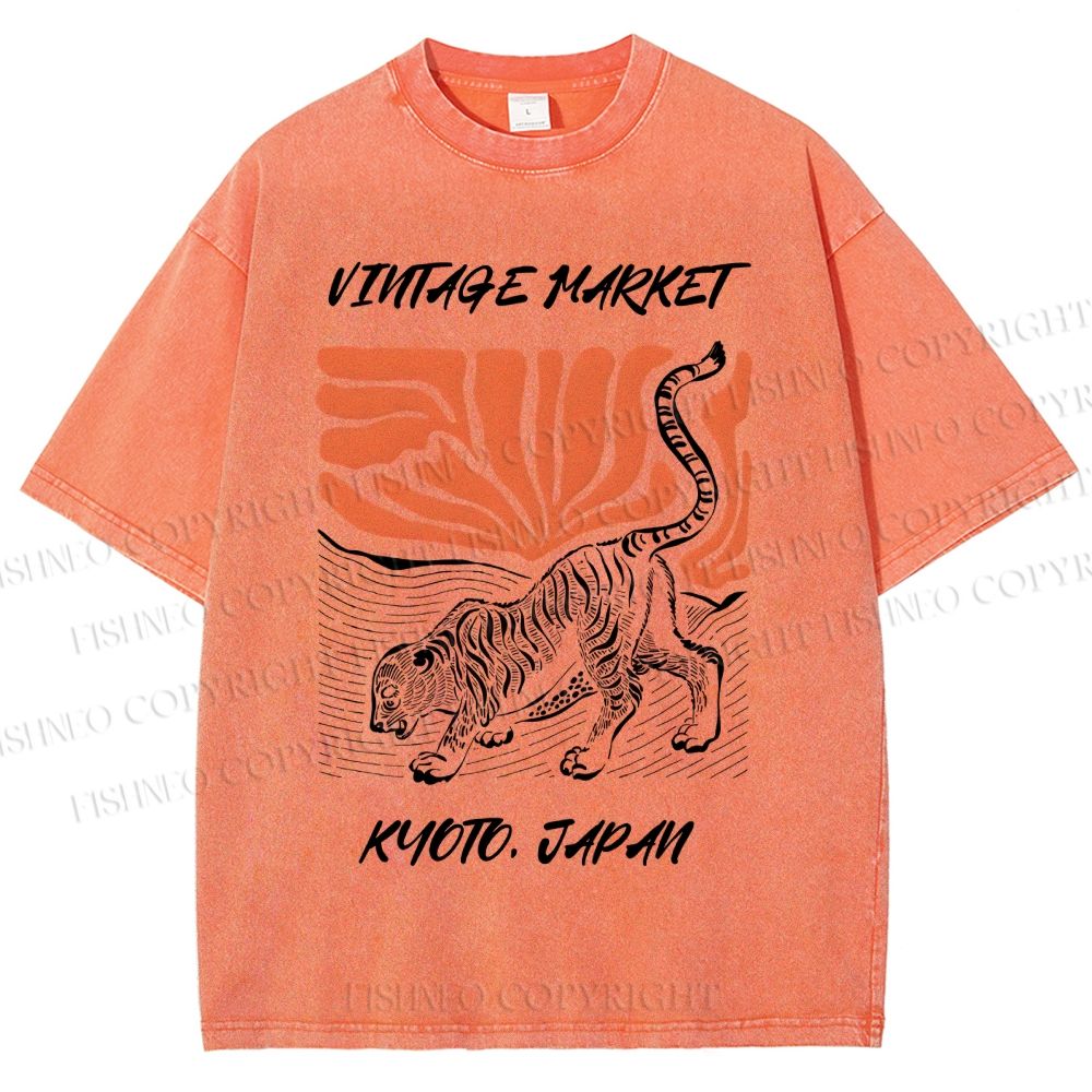 Unisex Japanese Tiger Printed Washed Tee