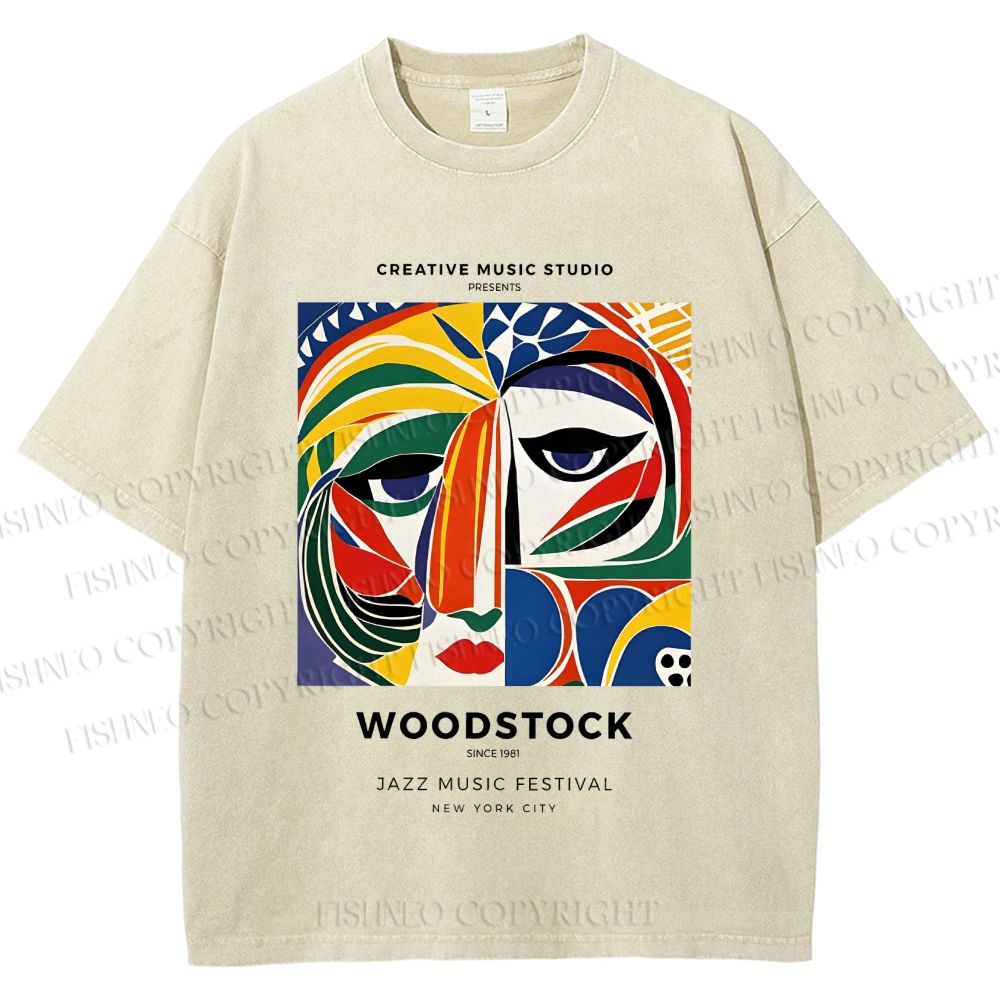 Unisex Colorful Art Geometric Portrait Printed Washed Tee