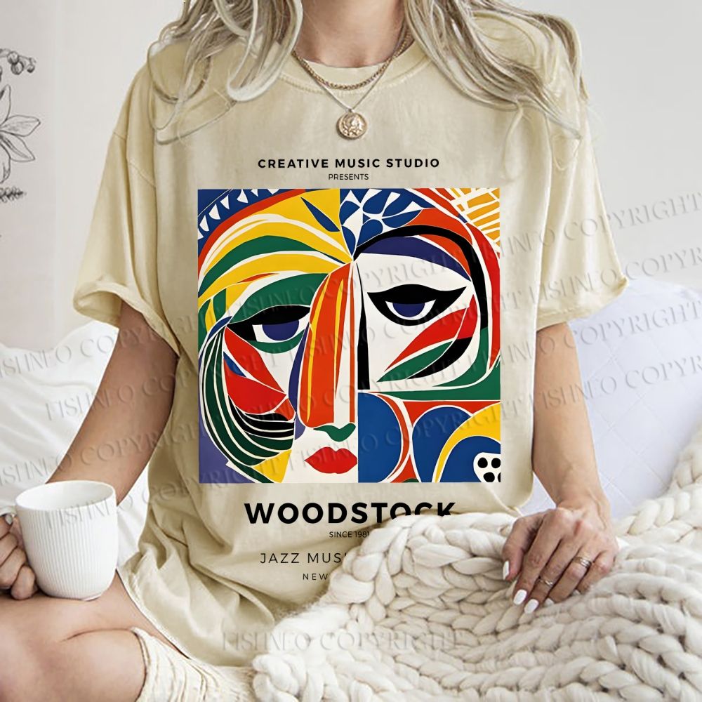 Unisex Colorful Art Geometric Portrait Printed Washed Tee