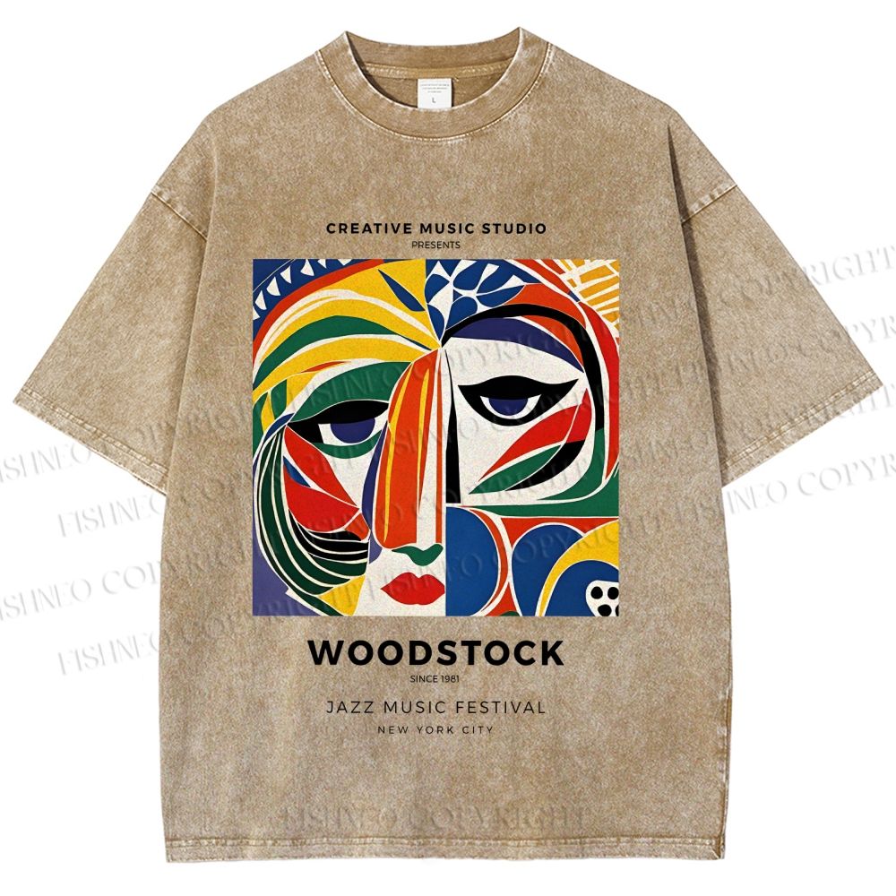 Unisex Colorful Art Geometric Portrait Printed Washed Tee