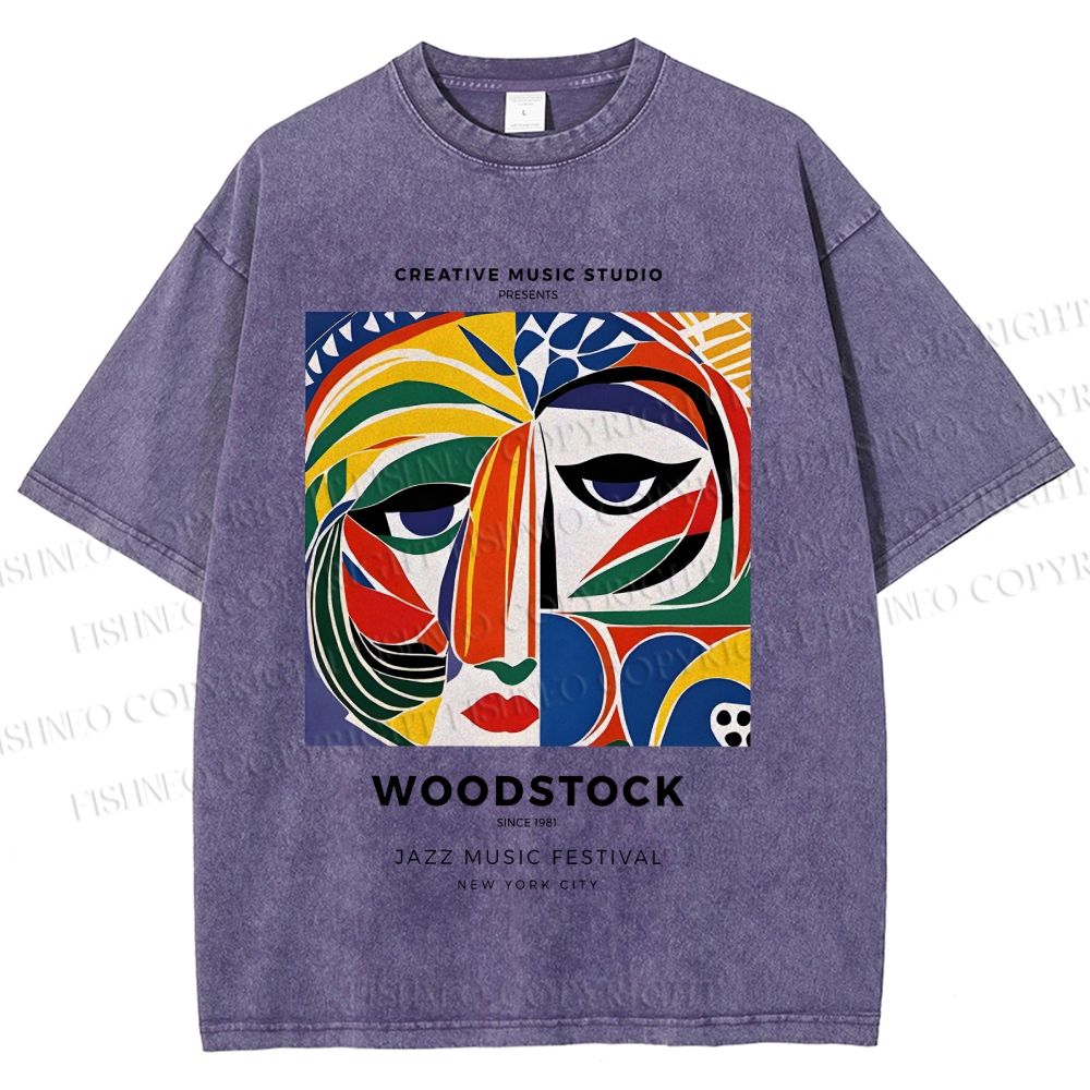 Unisex Colorful Art Geometric Portrait Printed Washed Tee
