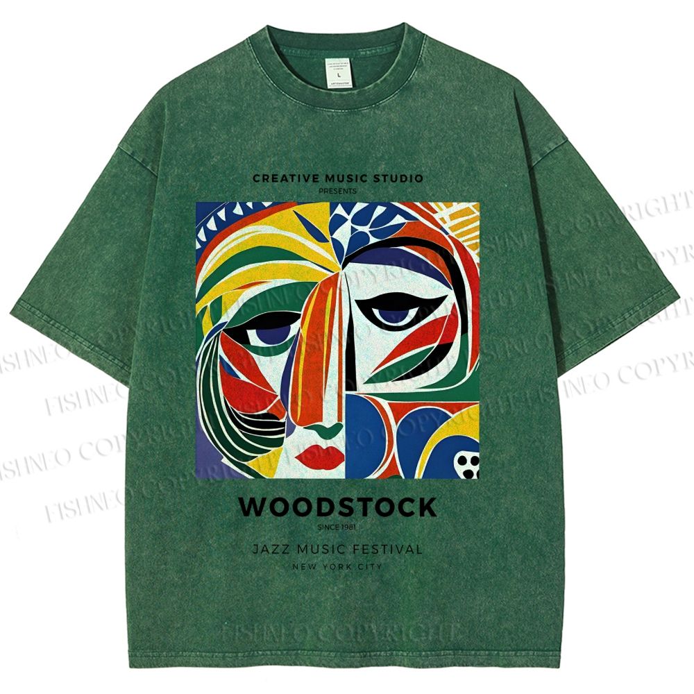 Unisex Colorful Art Geometric Portrait Printed Washed Tee