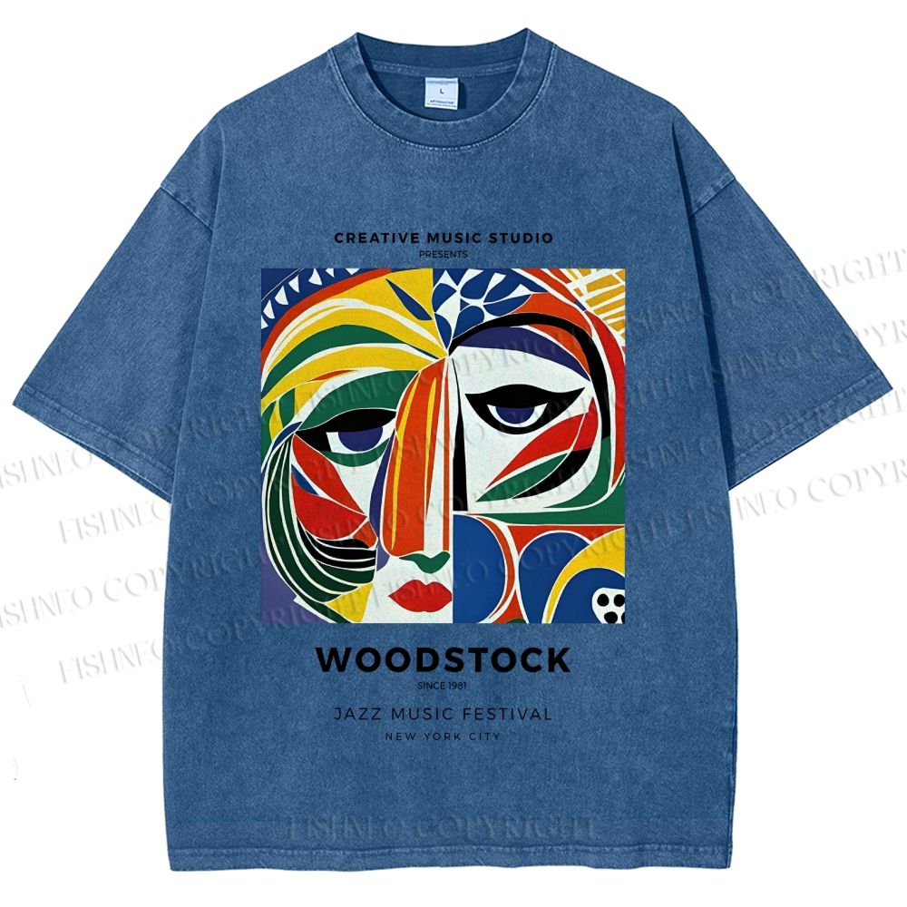 Unisex Colorful Art Geometric Portrait Printed Washed Tee