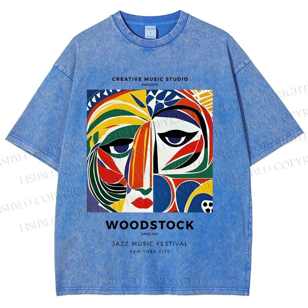 Unisex Colorful Art Geometric Portrait Printed Washed Tee