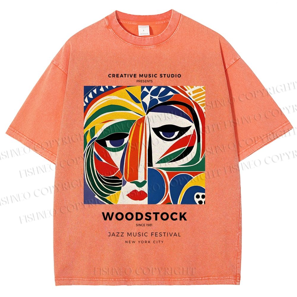 Unisex Colorful Art Geometric Portrait Printed Washed Tee