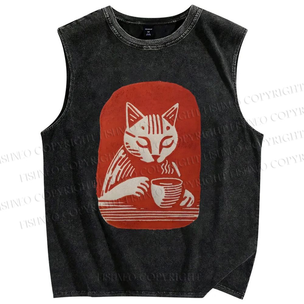 Unisex Coffee Cat Printed Washed Tank Top