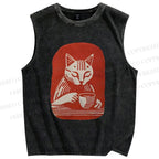 Unisex Coffee Cat Printed Washed Tank Top