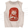 Unisex Coffee Cat Printed Washed Tank Top