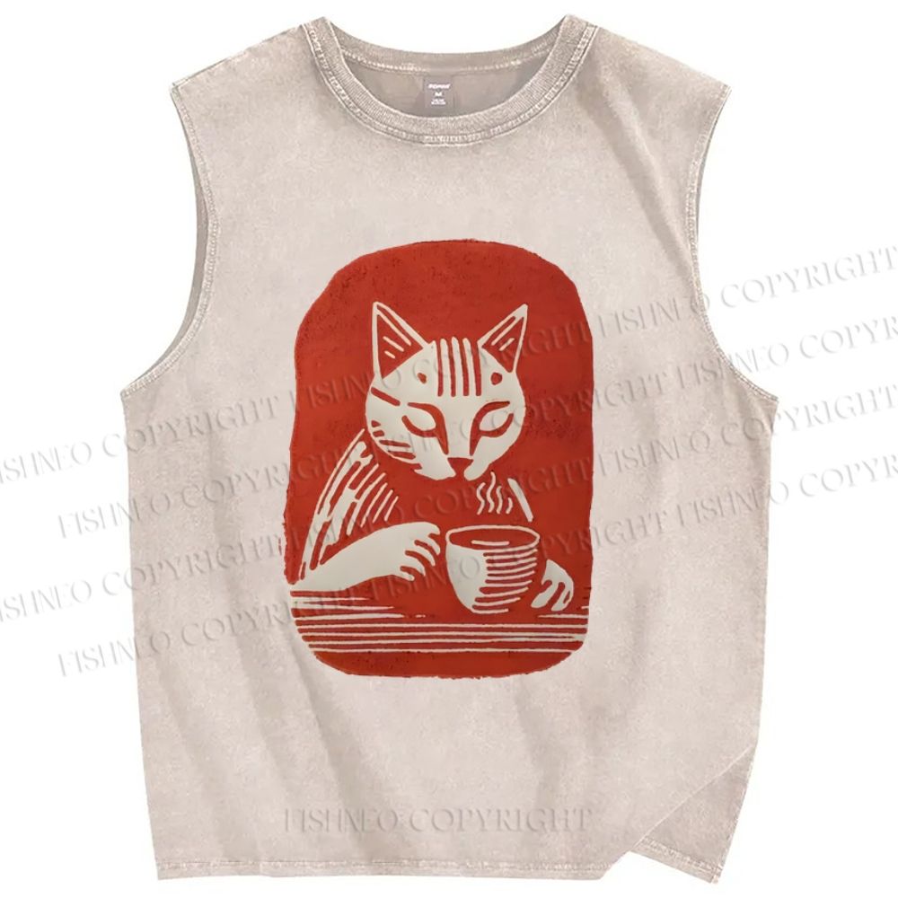 Unisex Coffee Cat Printed Washed Tank Top