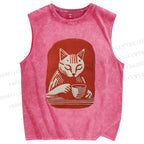 Unisex Coffee Cat Printed Washed Tank Top