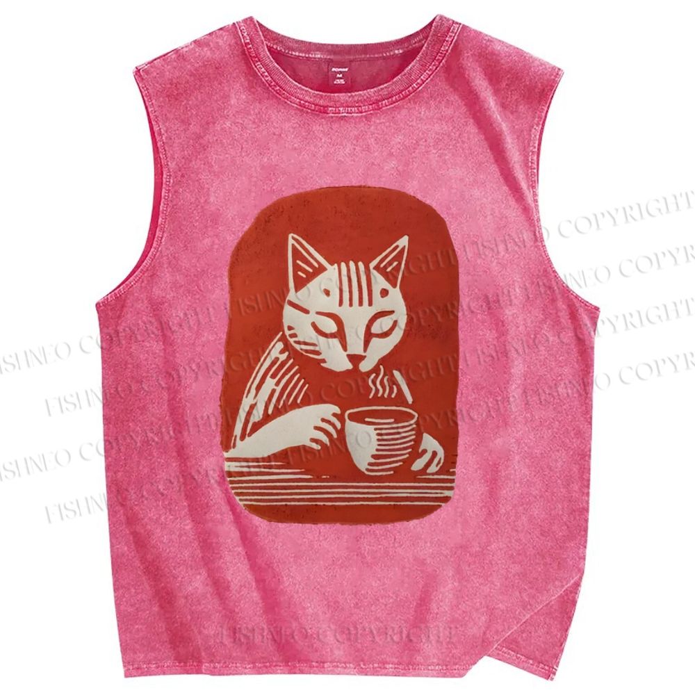 Unisex Coffee Cat Printed Washed Tank Top