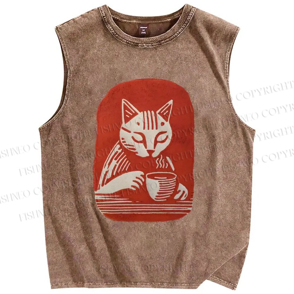 Unisex Coffee Cat Printed Washed Tank Top