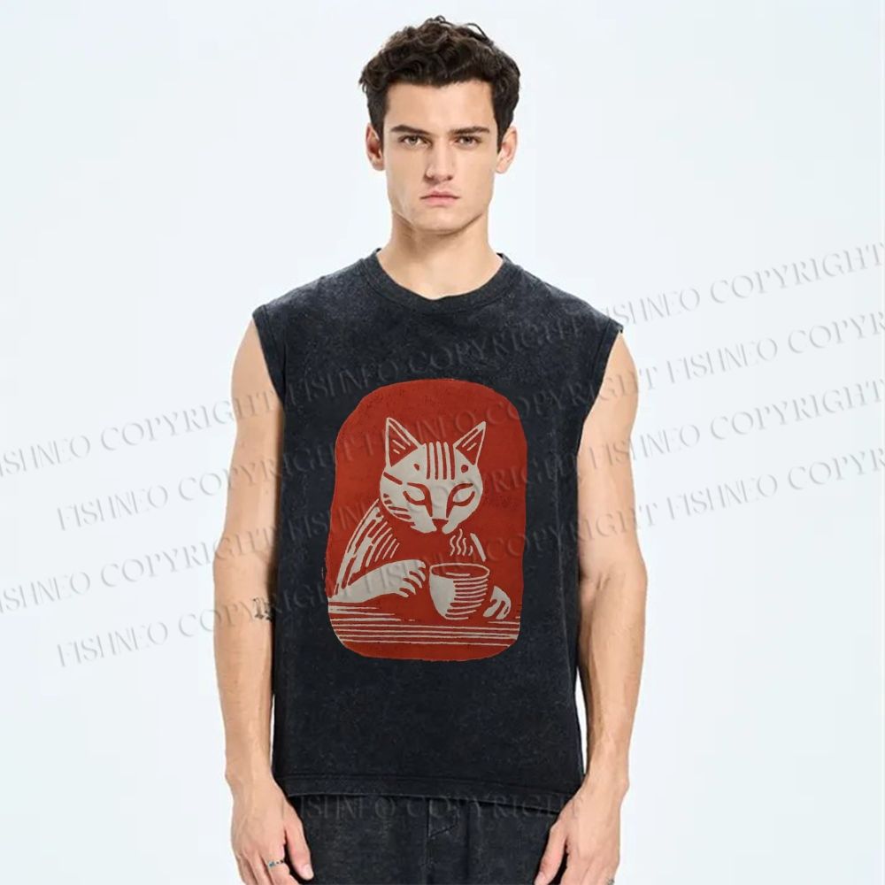 Unisex Coffee Cat Printed Washed Tank Top