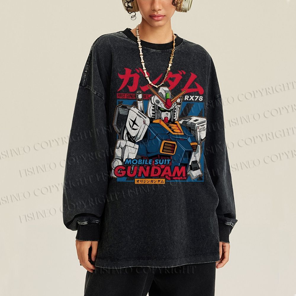 Unisex Casual Washed Gundam Printed Long Sleeve T-shirt