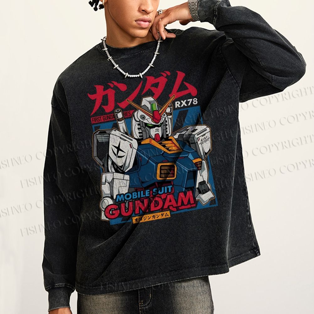 Unisex Casual Washed Gundam Printed Long Sleeve T-shirt