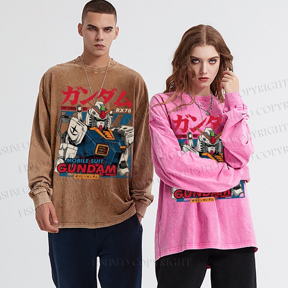 Unisex Casual Washed Gundam Printed Long Sleeve T-shirt