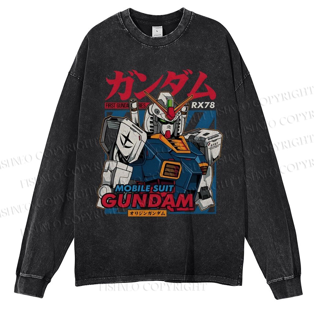 Unisex Casual Washed Gundam Printed Long Sleeve T-shirt