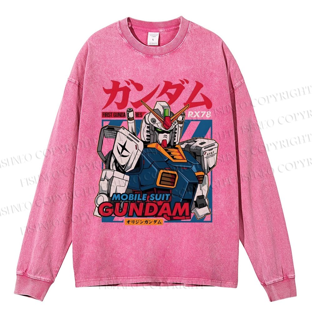 Unisex Casual Washed Gundam Printed Long Sleeve T-shirt