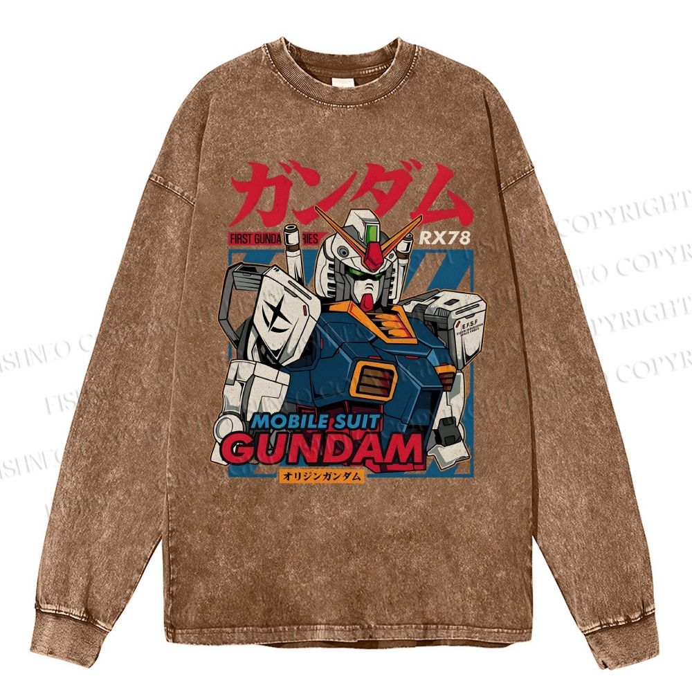 Unisex Casual Washed Gundam Printed Long Sleeve T-shirt