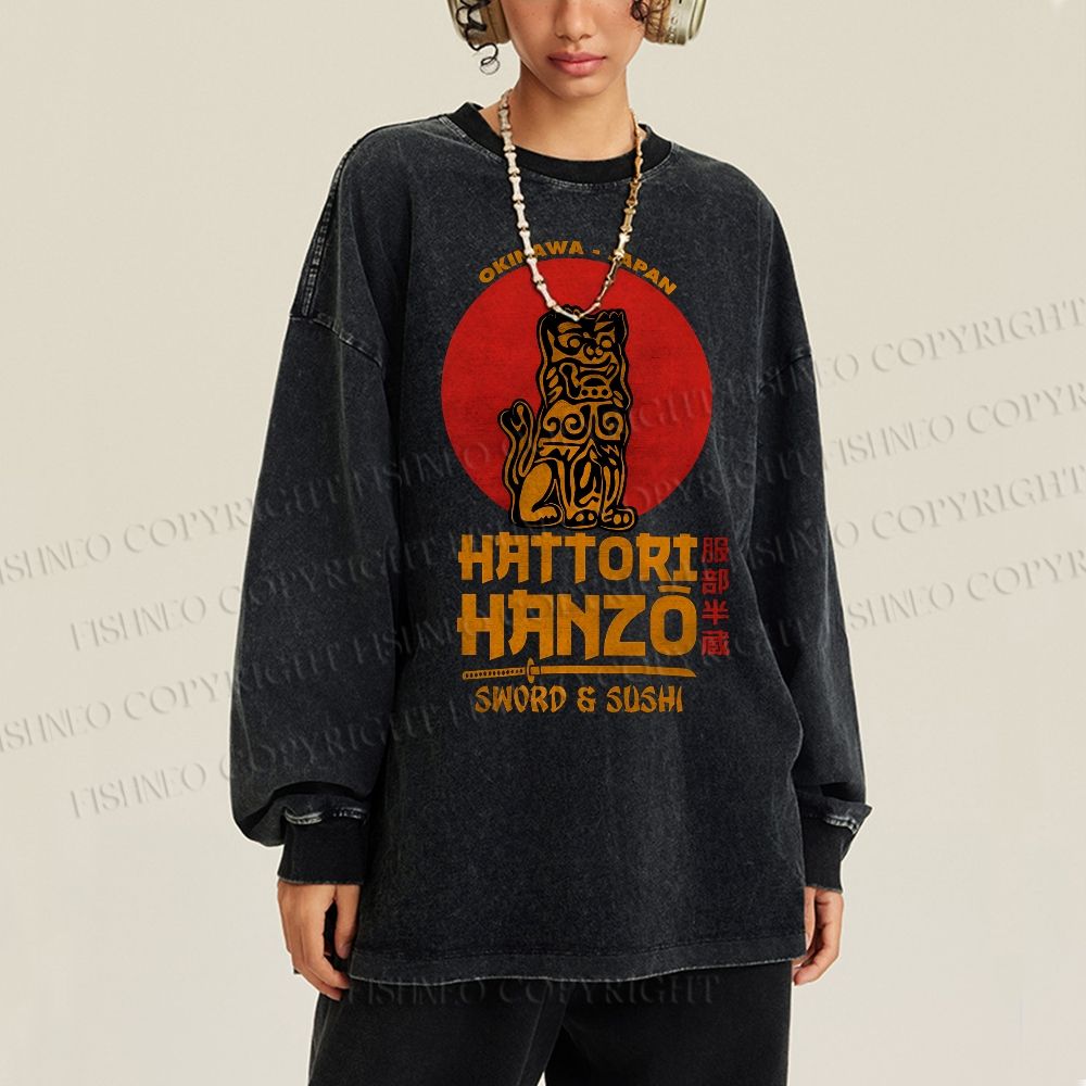 Unisex Casual Washed Hattori Hanzo Printed Long Sleeve T-shirt