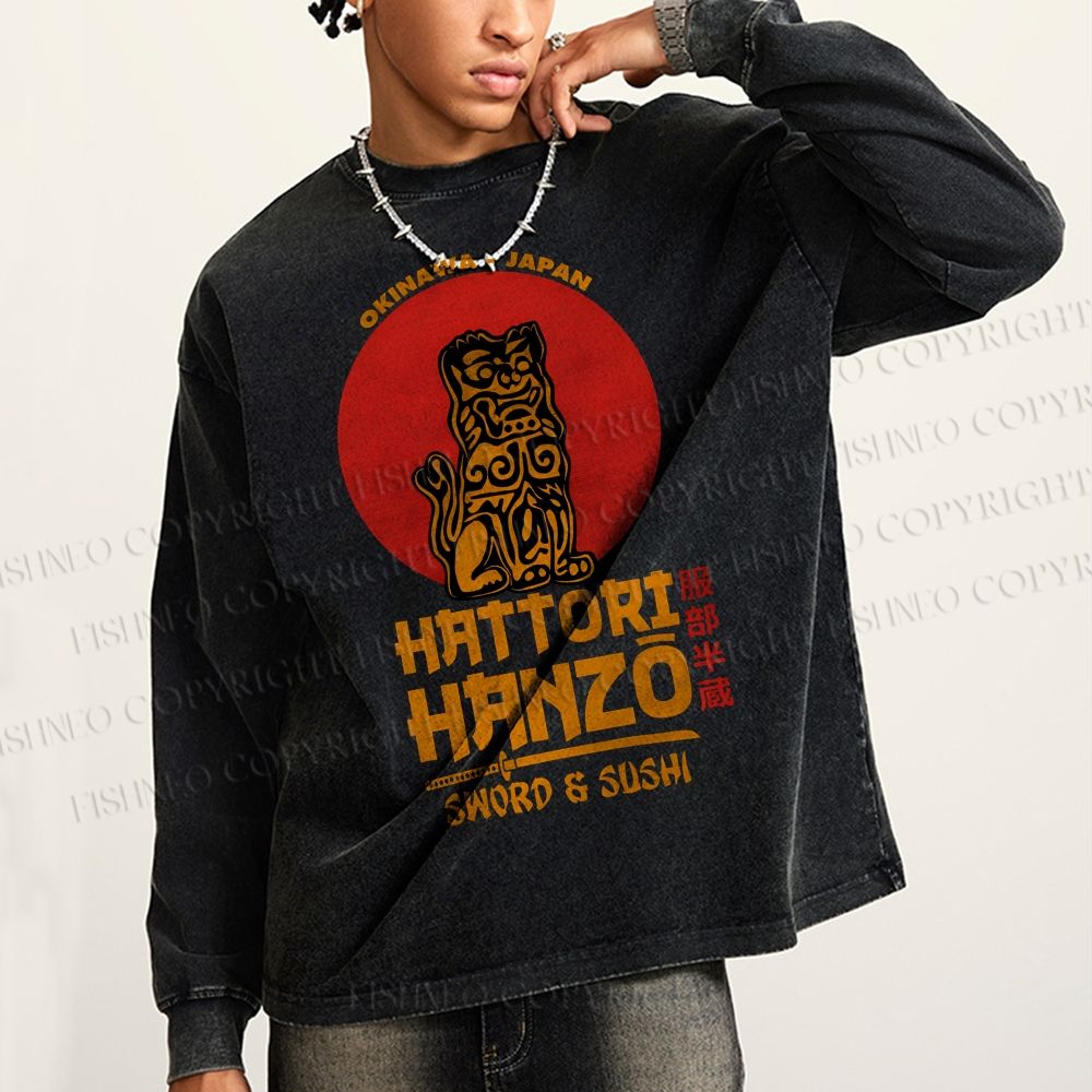 Unisex Casual Washed Hattori Hanzo Printed Long Sleeve T-shirt