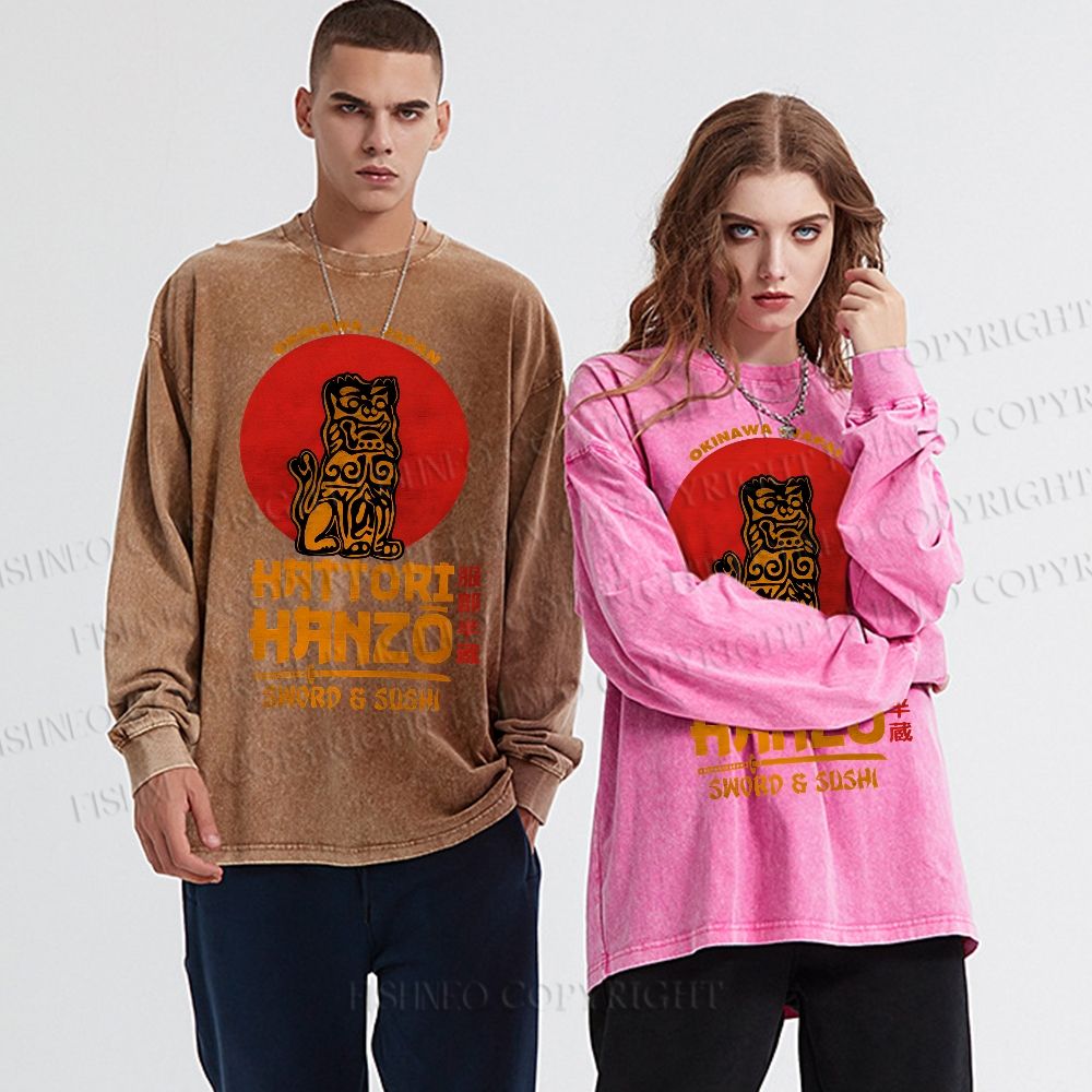 Unisex Casual Washed Hattori Hanzo Printed Long Sleeve T-shirt