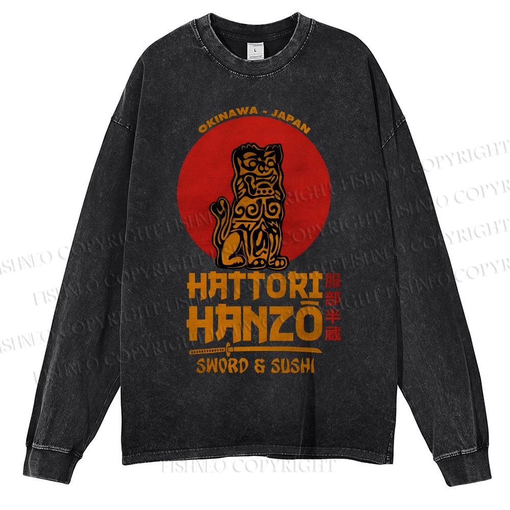Unisex Casual Washed Hattori Hanzo Printed Long Sleeve T-shirt