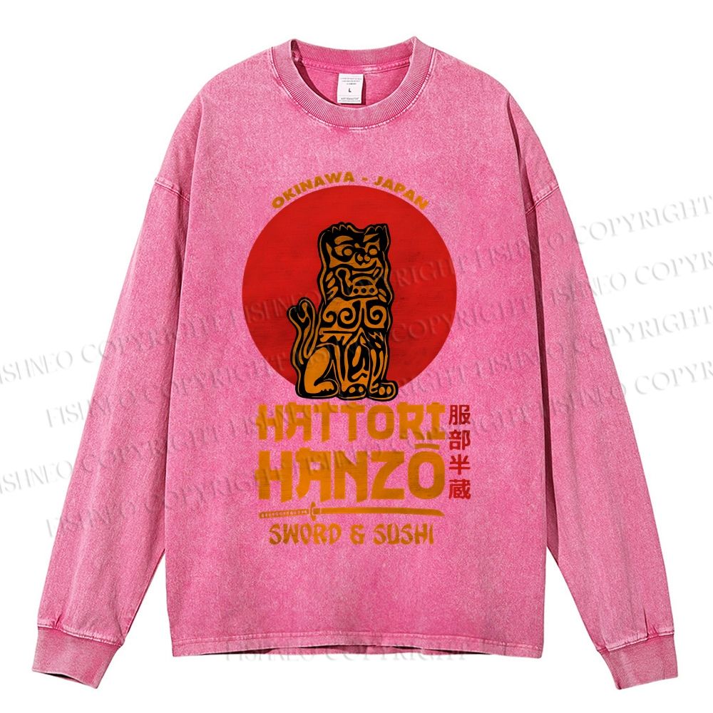 Unisex Casual Washed Hattori Hanzo Printed Long Sleeve T-shirt