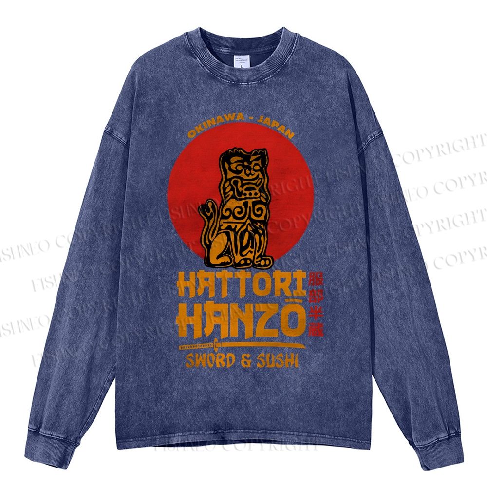 Unisex Casual Washed Hattori Hanzo Printed Long Sleeve T-shirt