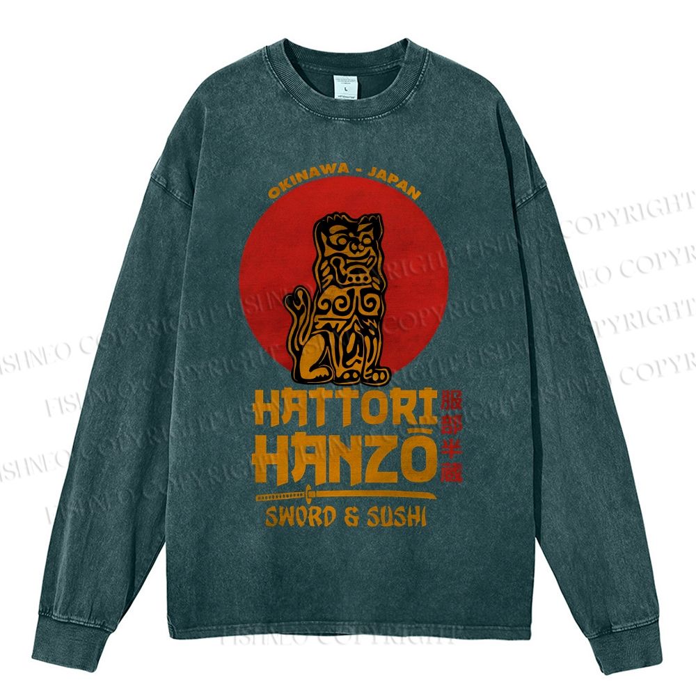 Unisex Casual Washed Hattori Hanzo Printed Long Sleeve T-shirt
