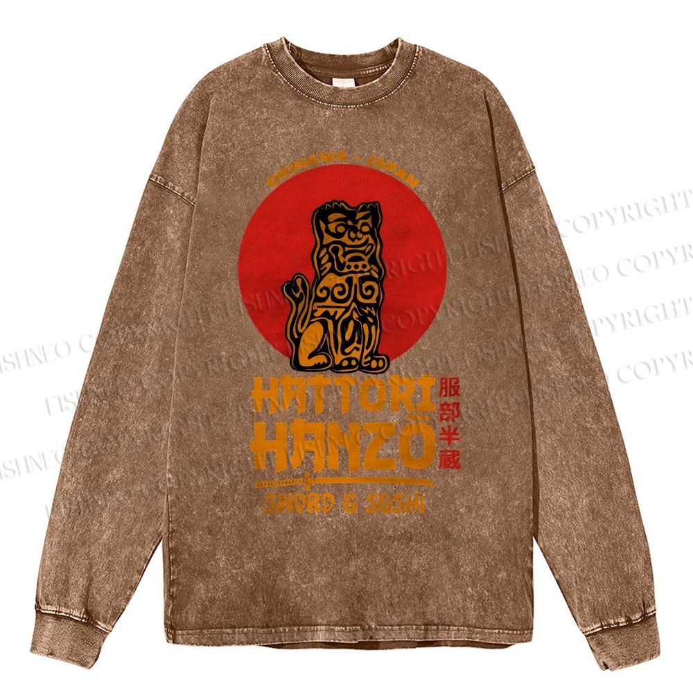 Unisex Casual Washed Hattori Hanzo Printed Long Sleeve T-shirt