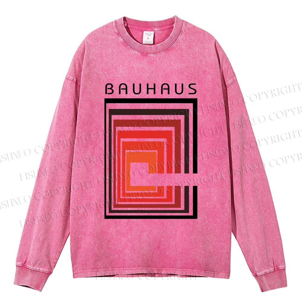 Unisex Casual Washed Vintage Bauhaus Design Printed Long Sleeve T-shirt