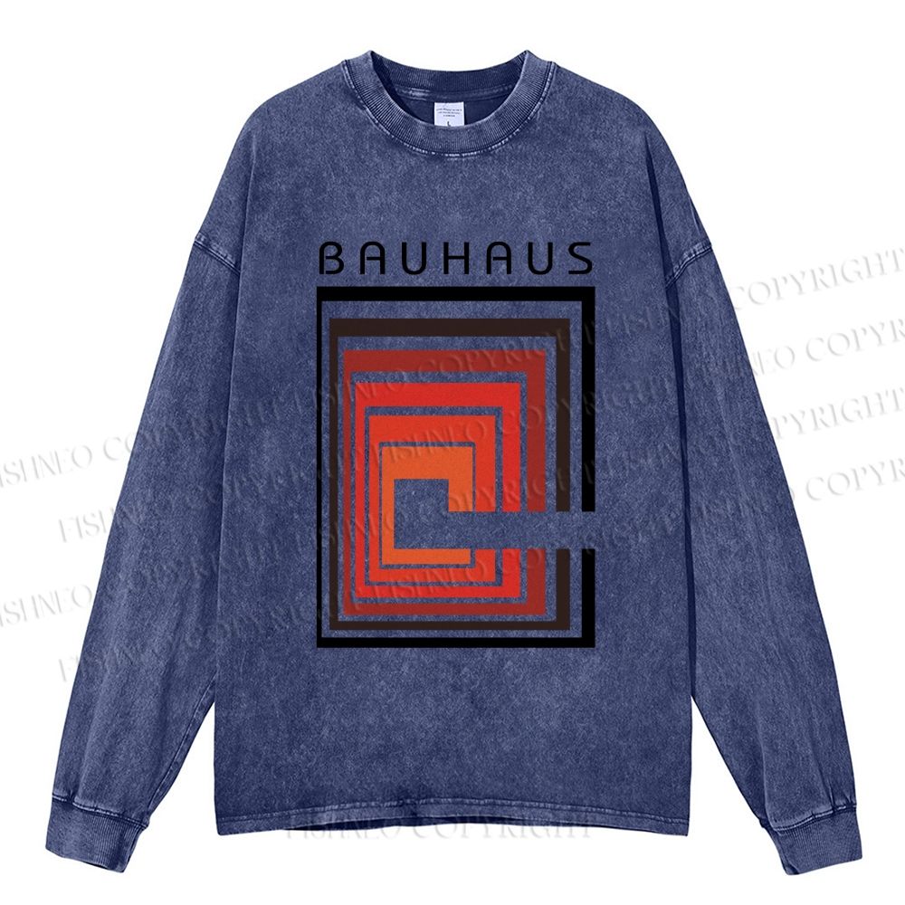 Unisex Casual Washed Vintage Bauhaus Design Printed Long Sleeve T-shirt