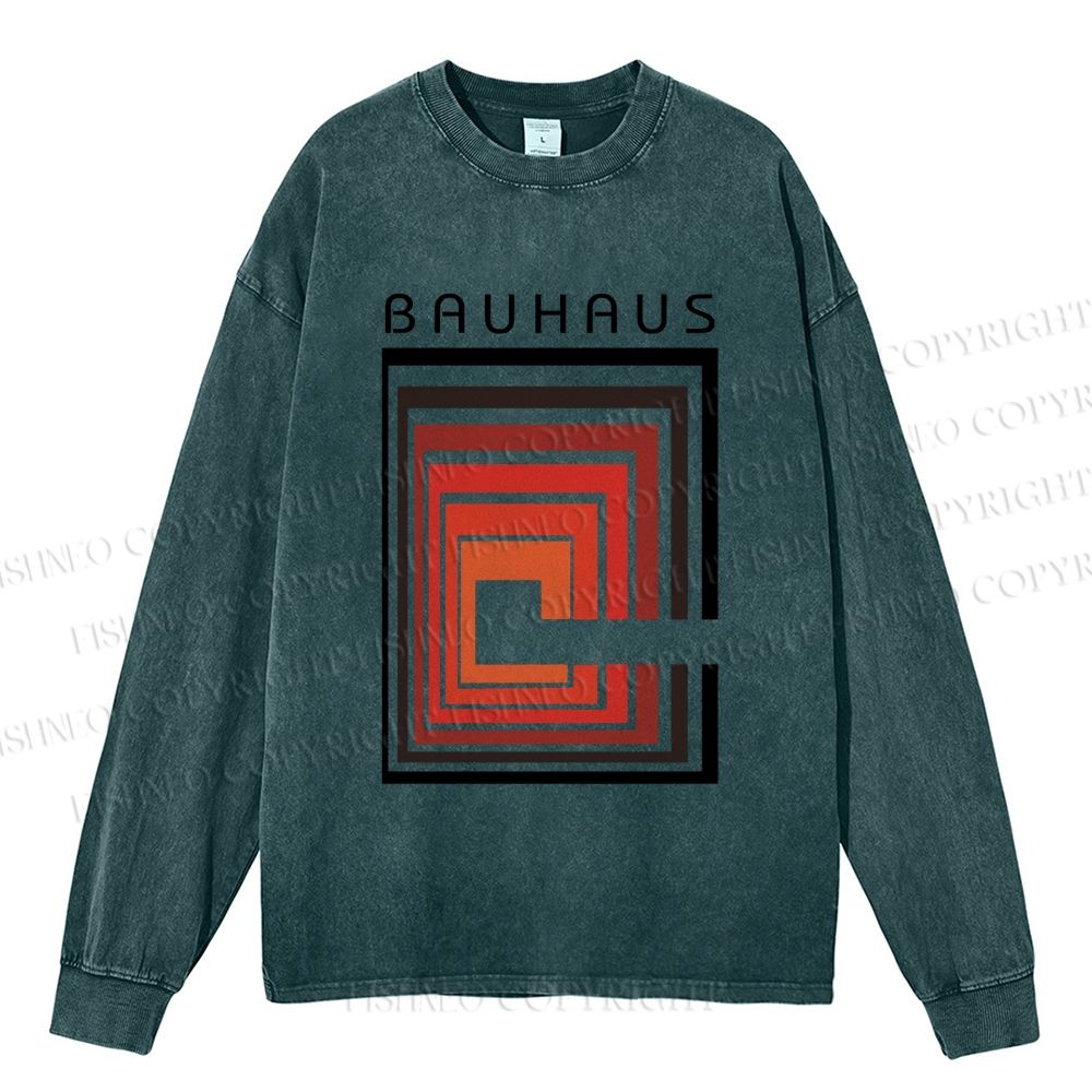 Unisex Casual Washed Vintage Bauhaus Design Printed Long Sleeve T-shirt