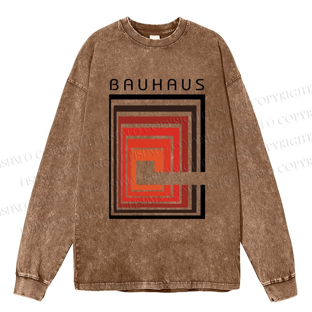 Unisex Casual Washed Vintage Bauhaus Design Printed Long Sleeve T-shirt