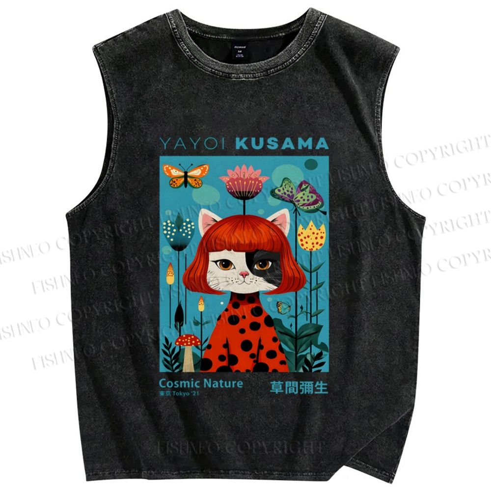 Unisex Yayoi Kusama Cat Printed Washed Tank Top