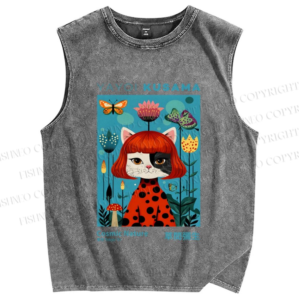 Unisex Yayoi Kusama Cat Printed Washed Tank Top