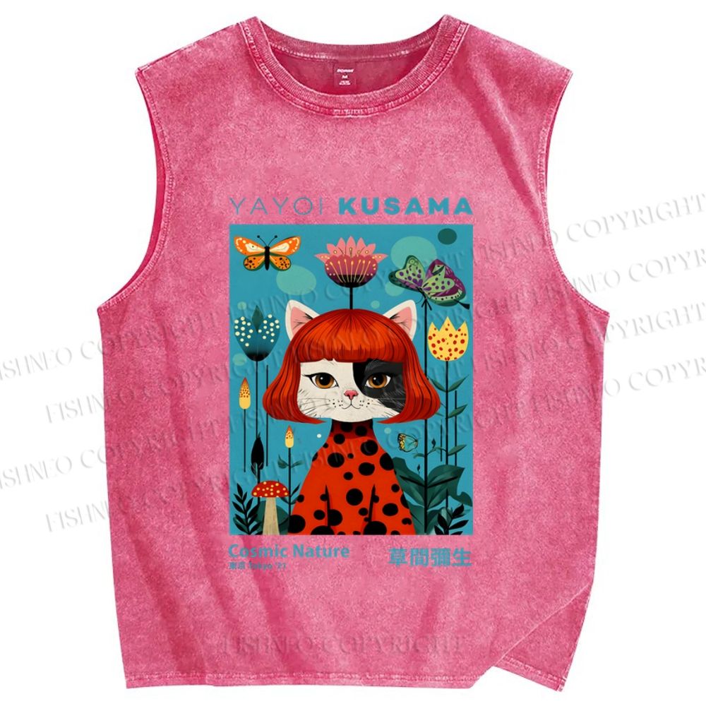 Unisex Yayoi Kusama Cat Printed Washed Tank Top