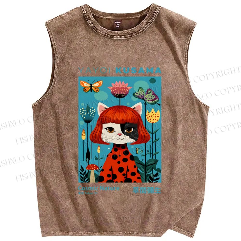 Unisex Yayoi Kusama Cat Printed Washed Tank Top