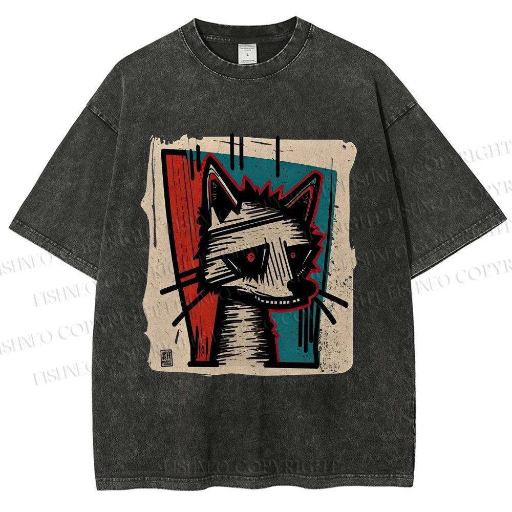 Unisex Artistic Cat Printed Washed Tee