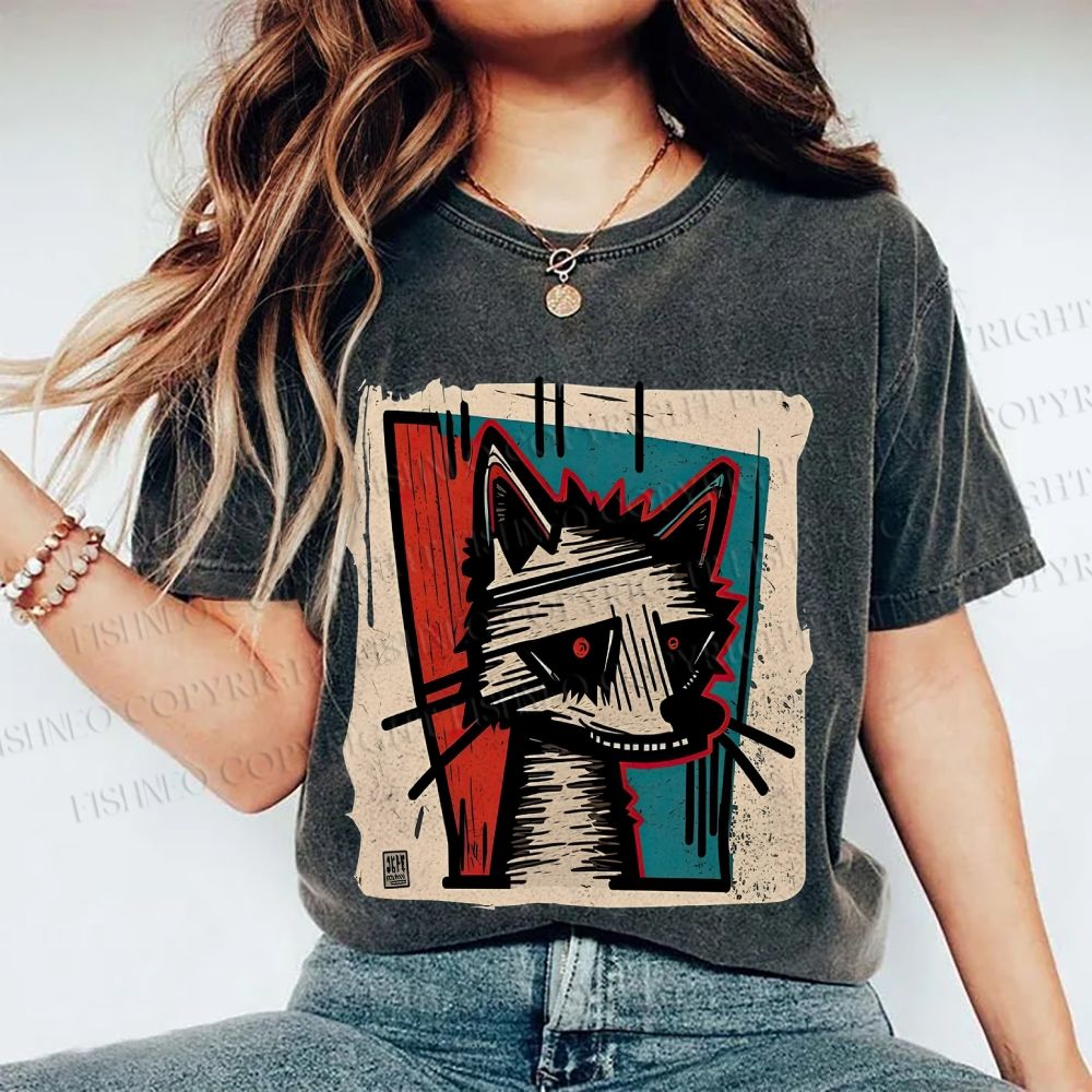 Unisex Artistic Cat Printed Washed Tee