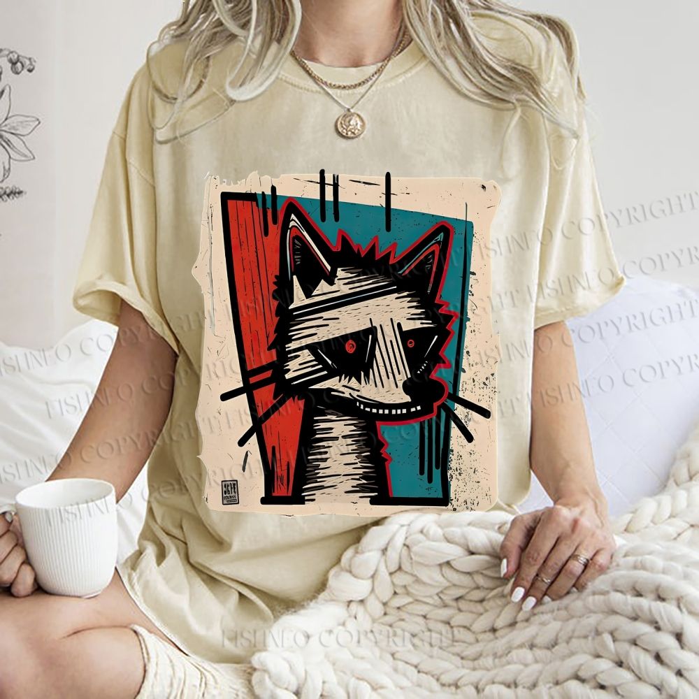 Unisex Artistic Cat Printed Washed Tee