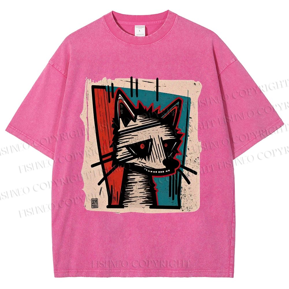 Unisex Artistic Cat Printed Washed Tee