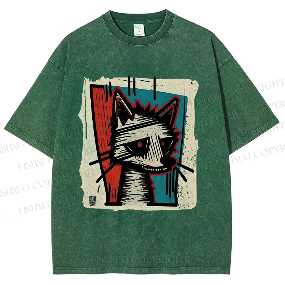 Unisex Artistic Cat Printed Washed Tee