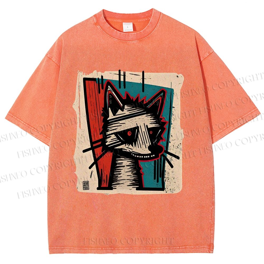 Unisex Artistic Cat Printed Washed Tee