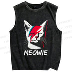 Unisex Artistic Cat Printed Washed Tank Top